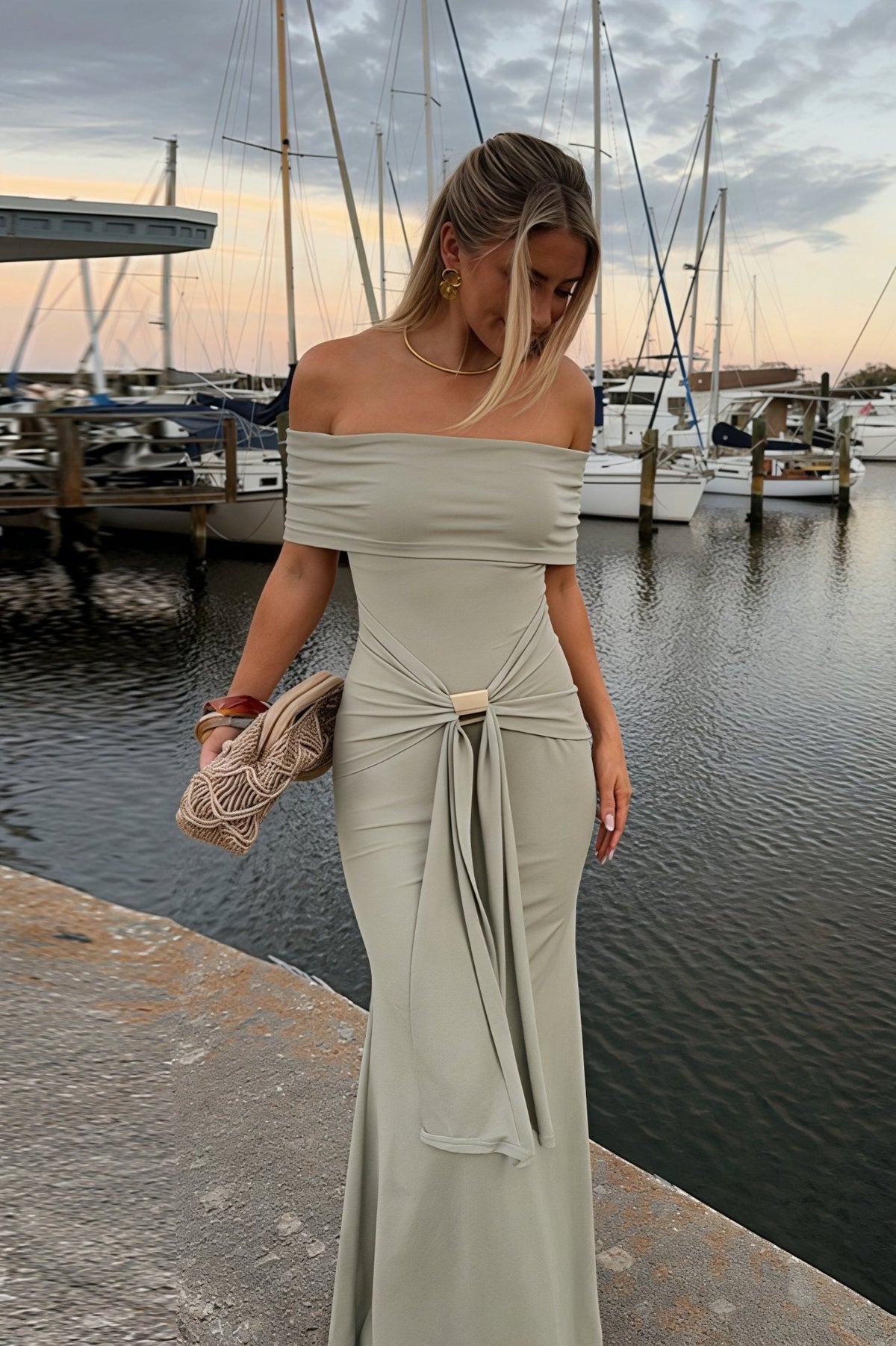 Sophia Off-Shoulder Tie Strap Bodycon Maxi Dress