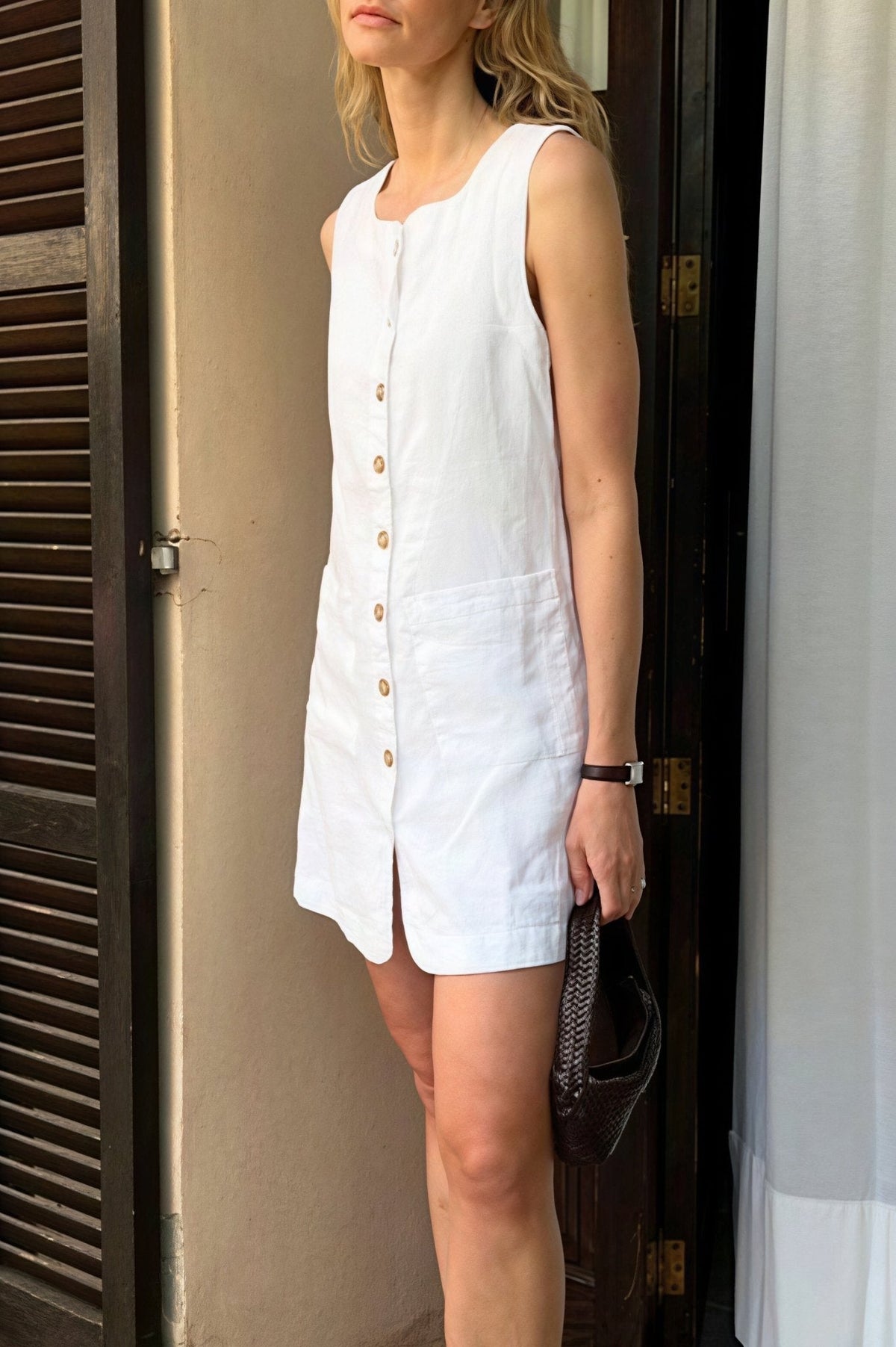 Themis Linen Square Neck Button Mini Dress