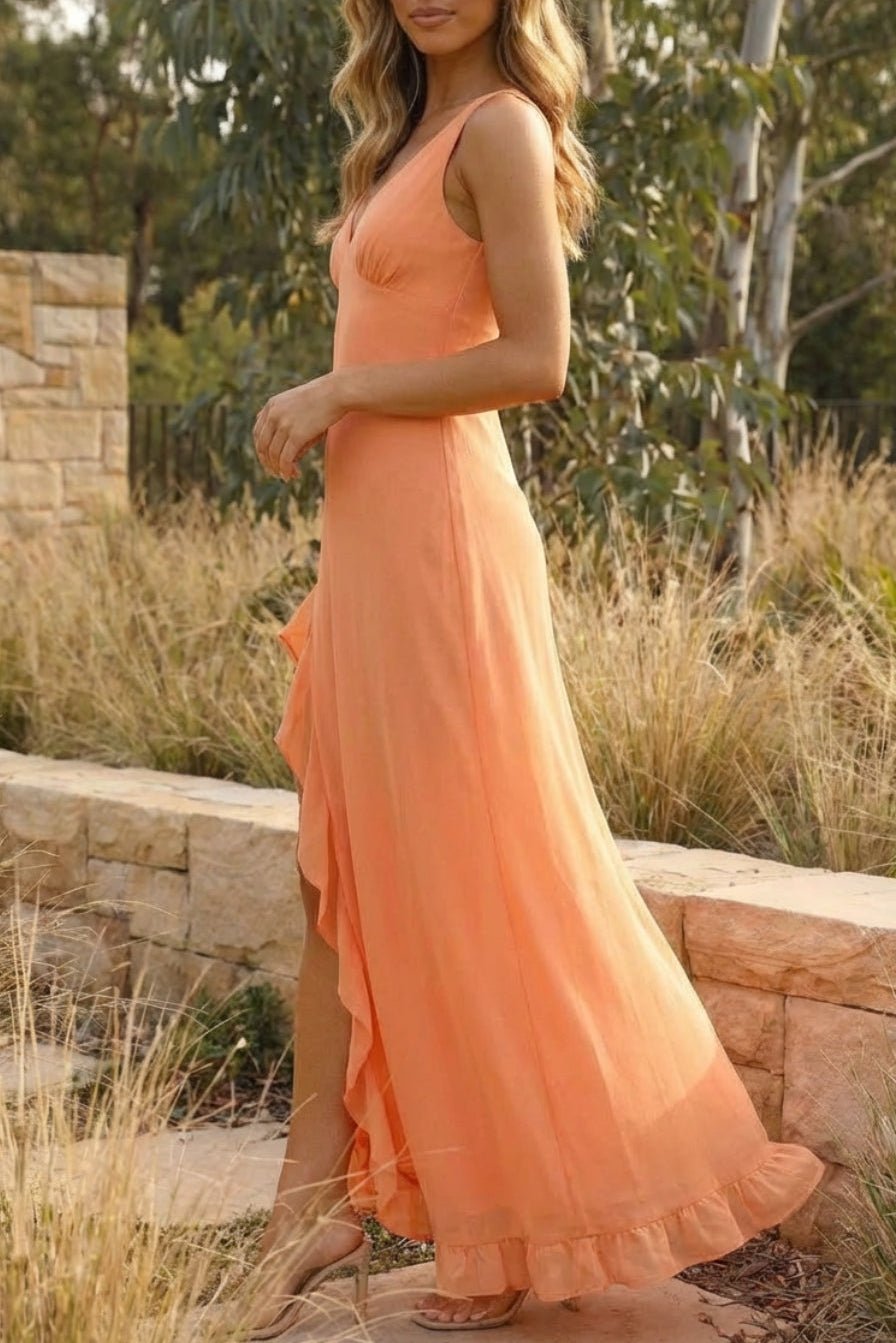 Amiah Sleeveless Ruffled Slit Maxi Dress