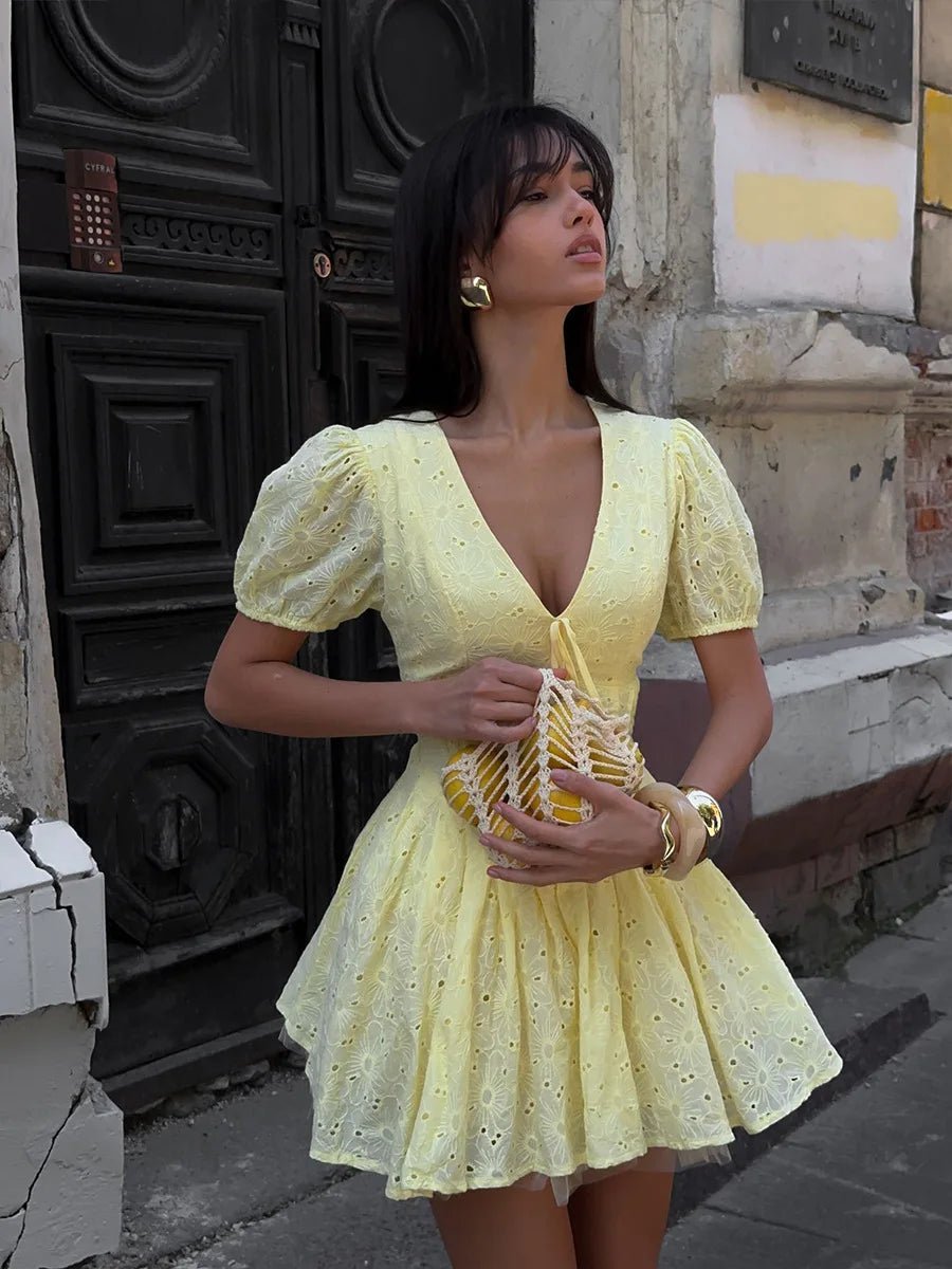 Nicole V-Neck Puff Sleeve Mini Dress