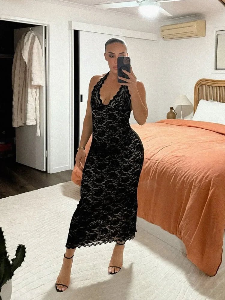 Cassia Halter Neck Lace Maxi Dress