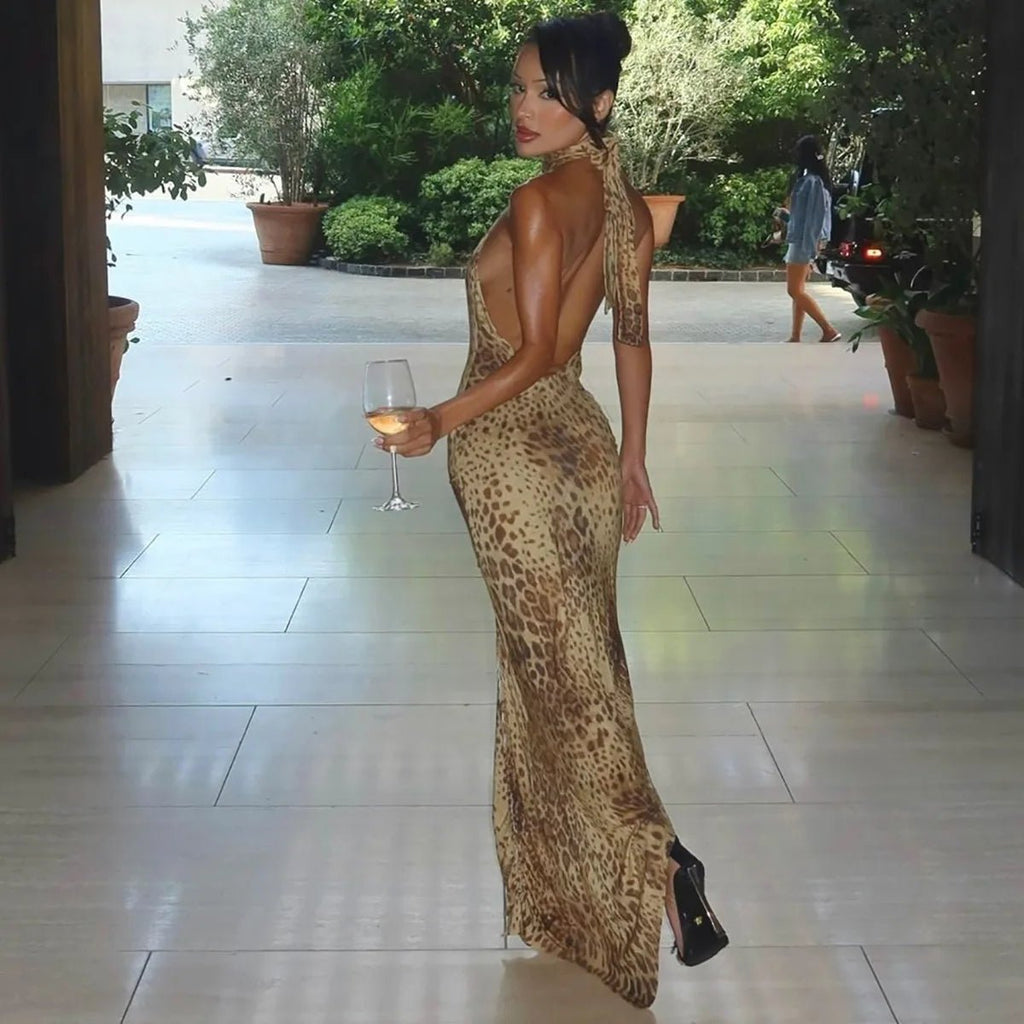 Cindy Leopard Halter Neck Maxi Dress