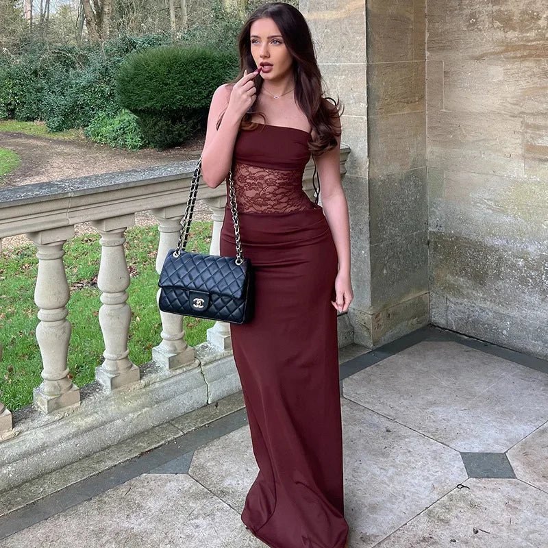Georgette Lace Mesh Waist Maxi Dress