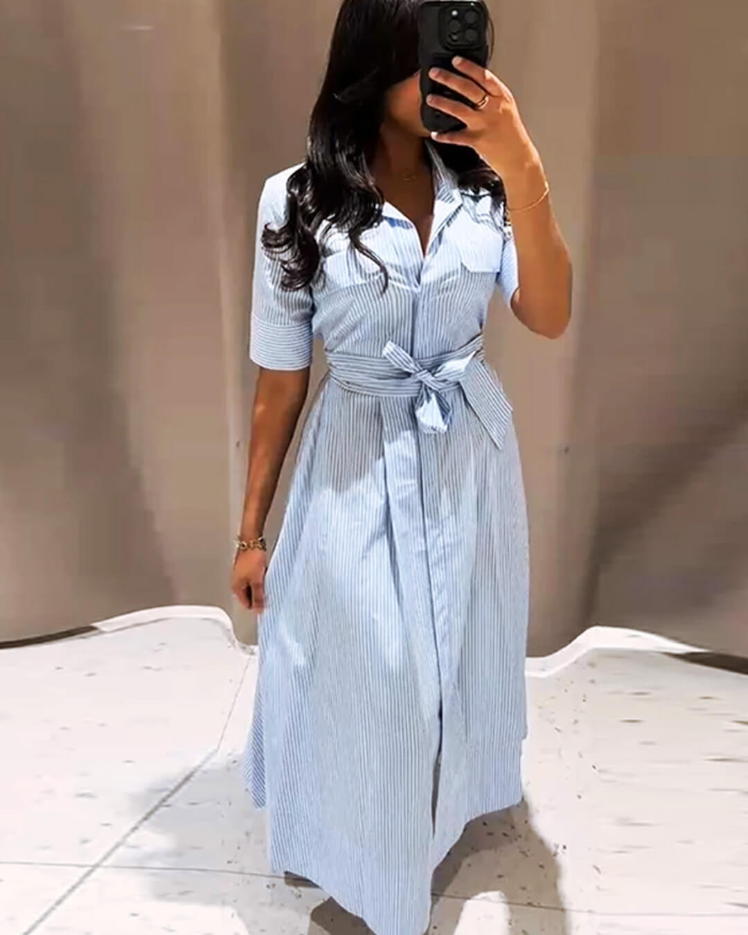 Beatrice Striped Lace-Up Collar Maxi Dress