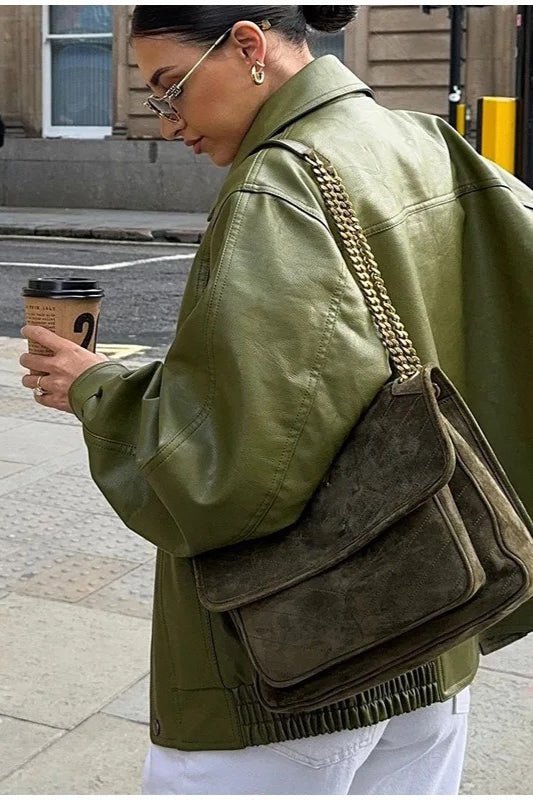 Bilge Vintage Green Faux Leather Jacket