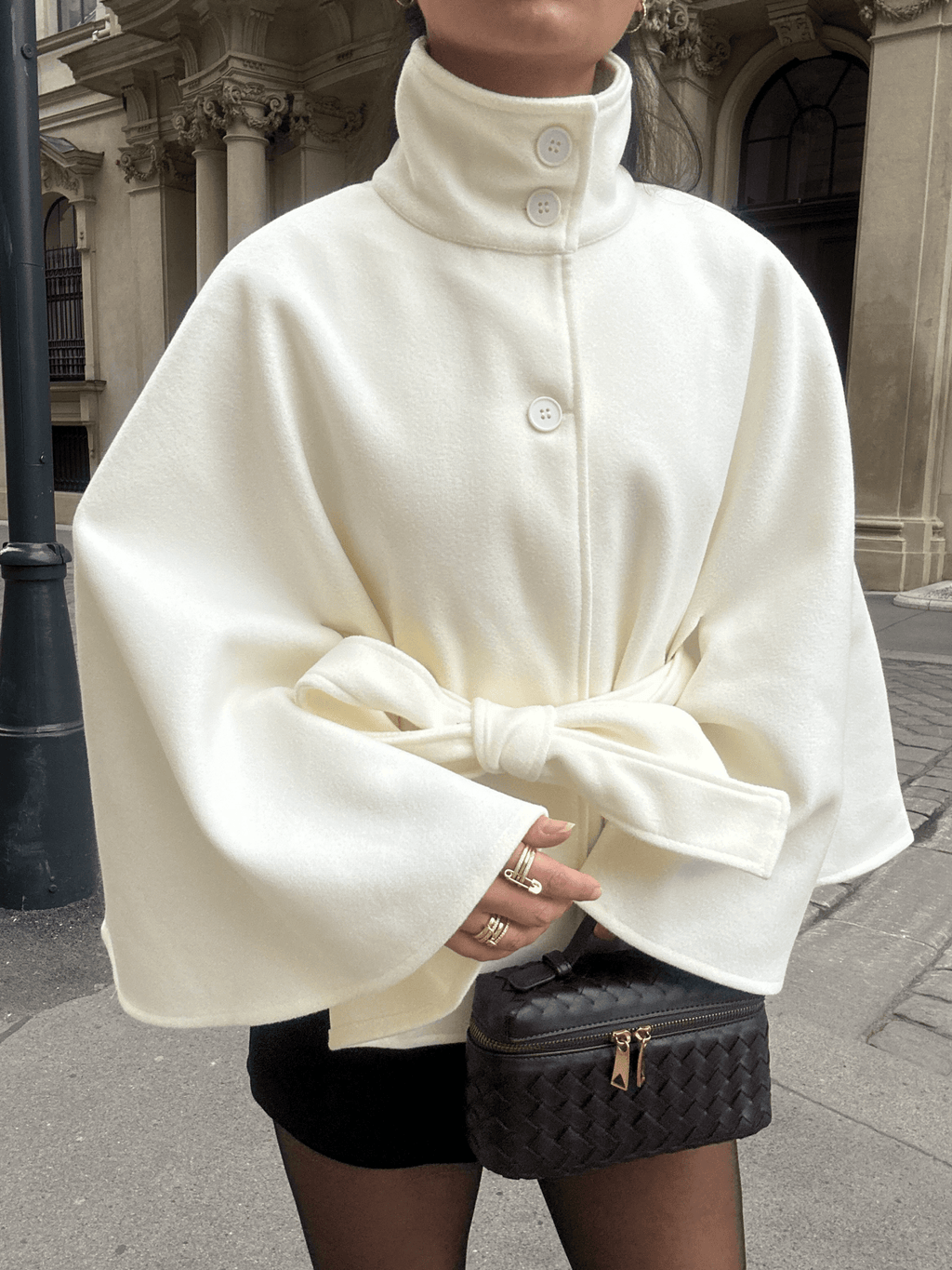 Arianne Elegant High-Neck Belted Cape Jacket