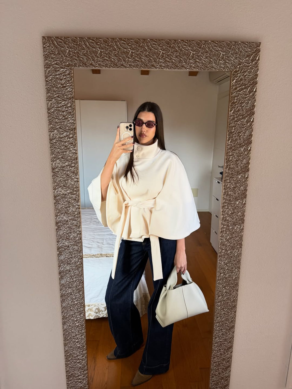 Arianne Elegant High-Neck Belted Cape Jacket