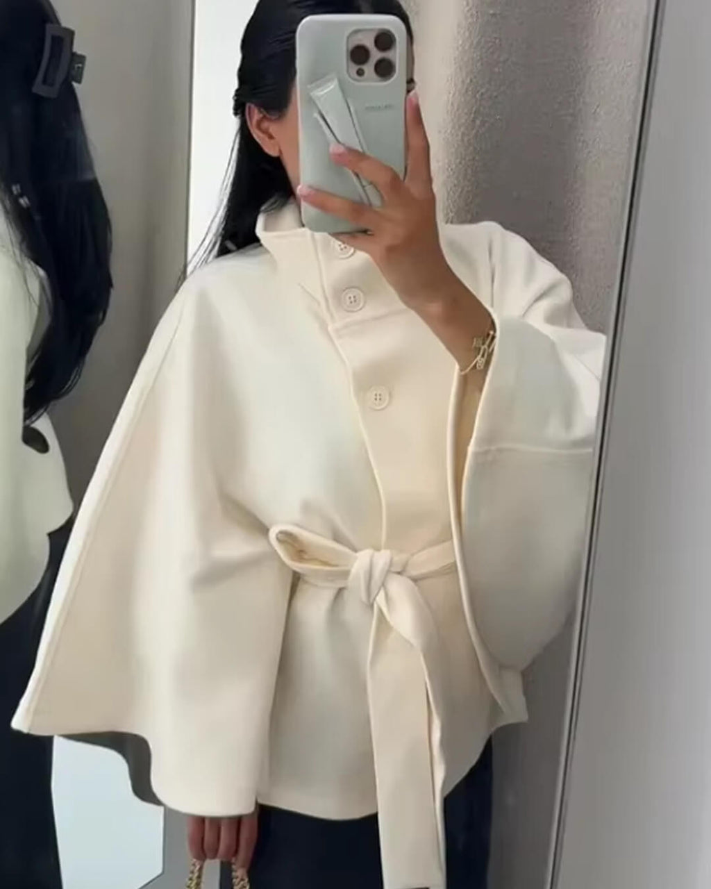 Arianne Elegant High-Neck Belted Cape Jacket