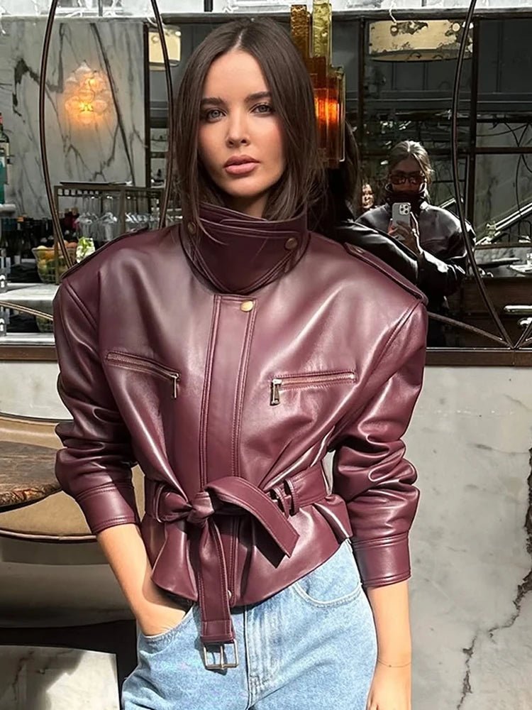 Jaqueline Belted Faux Leather Jacket