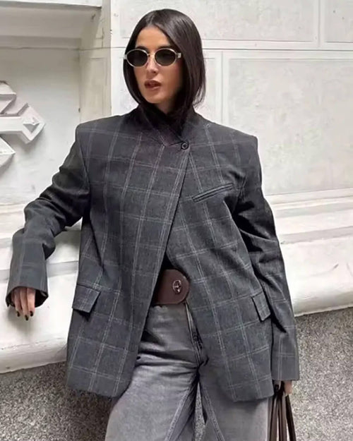 Aerona Plaid Stand Collar Blazer