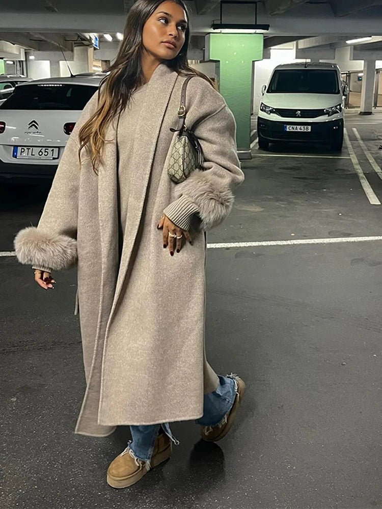 Wool Wrap Coat with Fox Fur Cuff