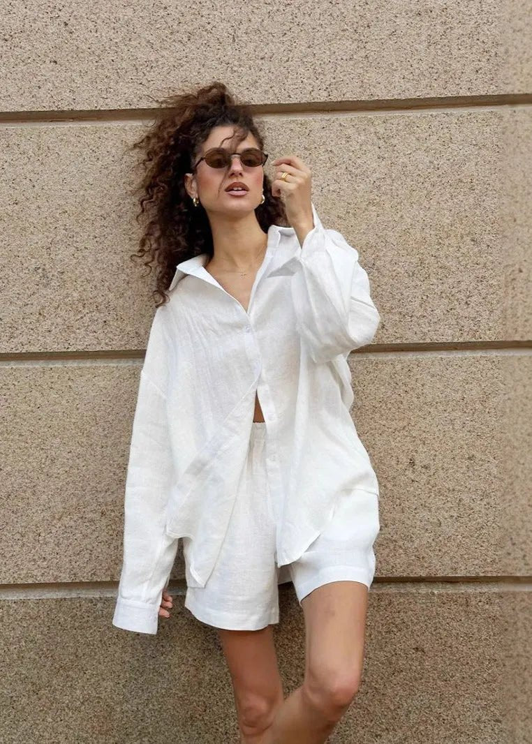 Camille White Cotton Shirt and Shorts Set