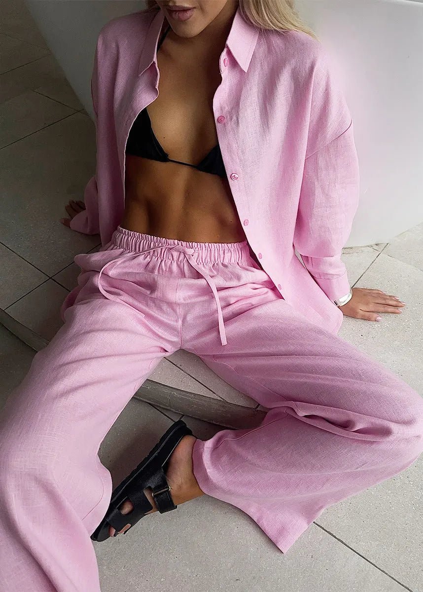 Katie Cotton Lounge Set with Button-Up Shirt & Wide Pants