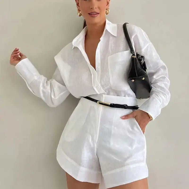 Solenn Uzun Kollu Yüksek Bel Şortlu Keten Takım