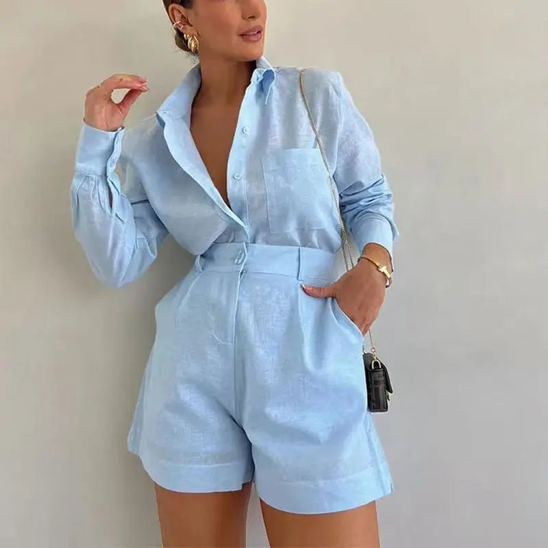 Solenn Uzun Kollu Yüksek Bel Şortlu Keten Takım