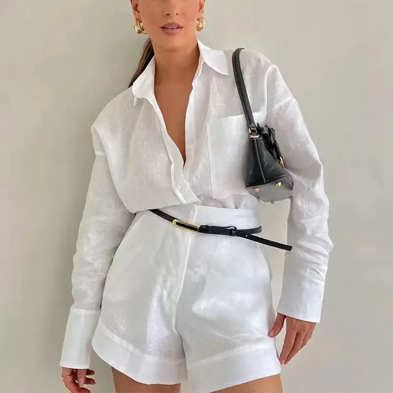 Solenn Uzun Kollu Yüksek Bel Şortlu Keten Takım