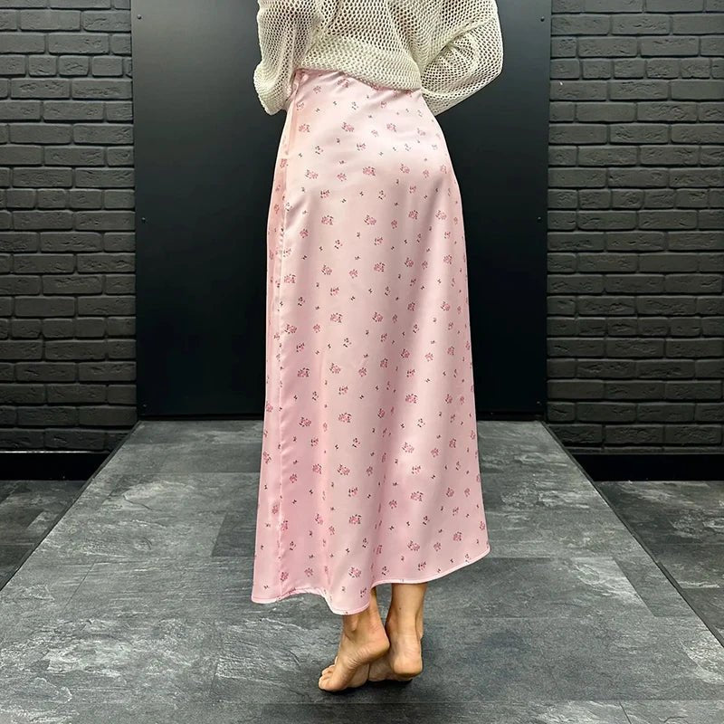 Kate Yüksek Bel Saten Baskılı Midi Etek