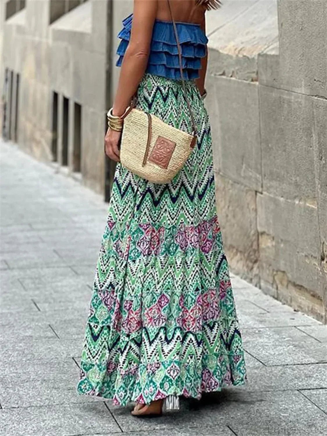 Celeste Akıcı Boho Desenli Fırfırlı Etek