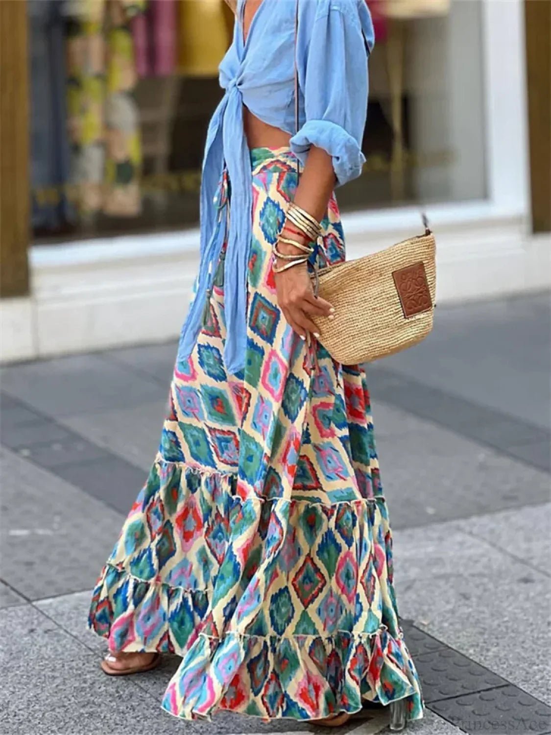 Celeste Akıcı Boho Desenli Fırfırlı Etek