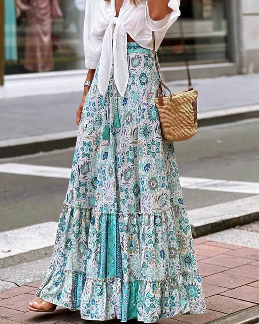 Celeste Akıcı Boho Desenli Fırfırlı Etek
