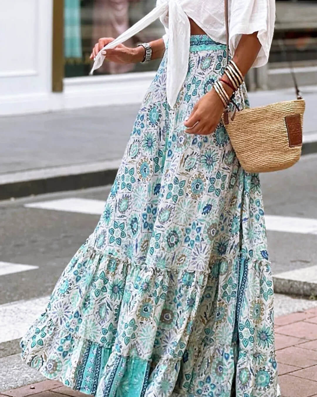 Celeste Akıcı Boho Desenli Fırfırlı Etek