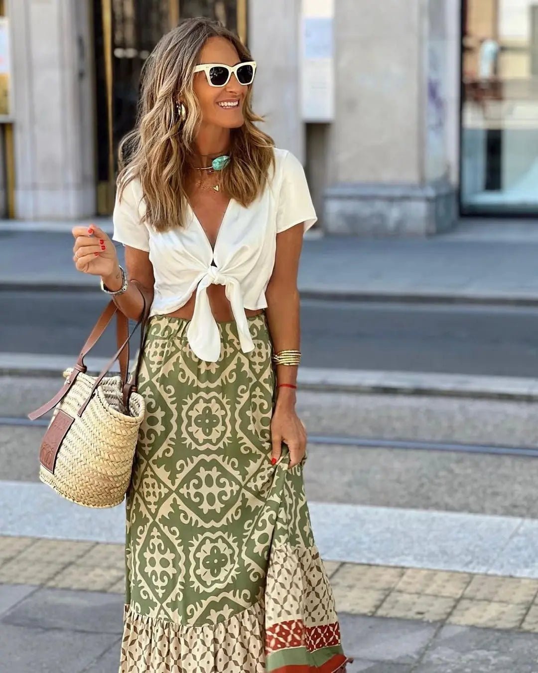 Rhea Boho Baskılı Midi Salaş Etek