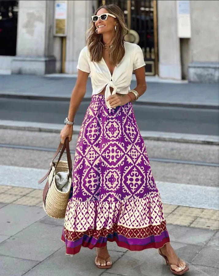 Rhea Boho Baskılı Midi Salaş Etek