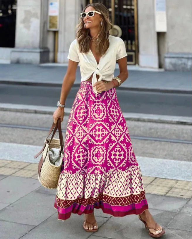Rhea Boho Baskılı Midi Salaş Etek