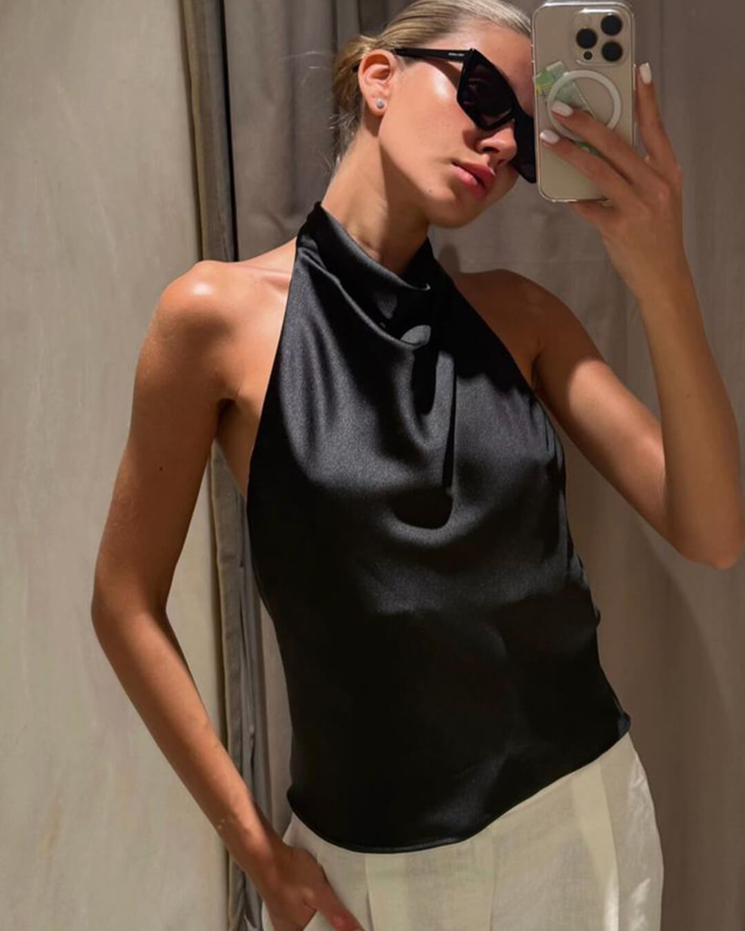 Anastasia Askılı Sırtı Açık Saten Bluz