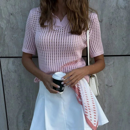 Adeline Hollow Out Knit Polo Blouse