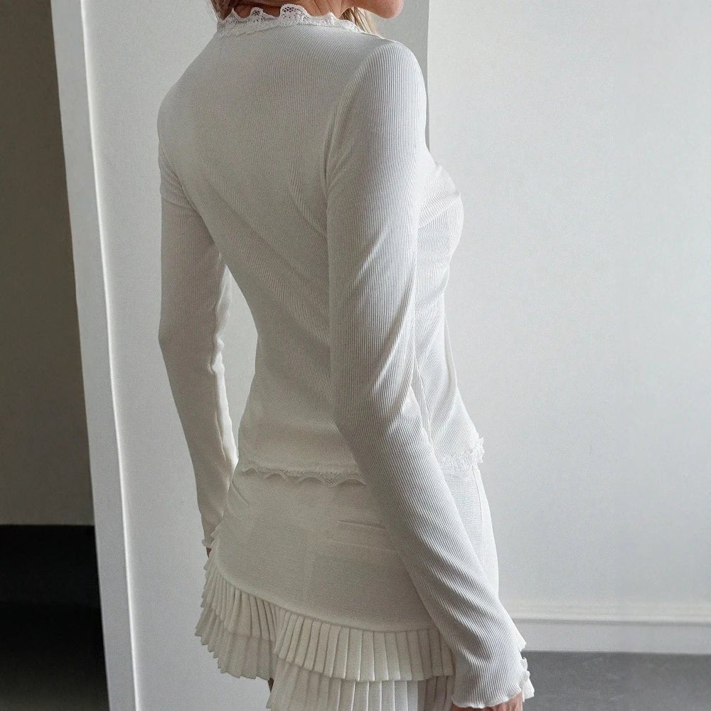 Roxana Ribbed Lace Trim V-Neck Blouse